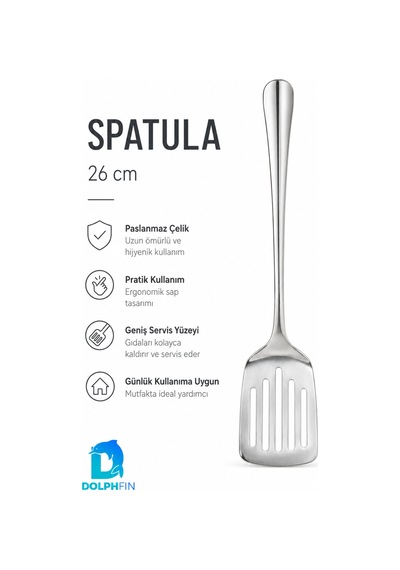 26 Cm Paslanmaz Çelik Delikli Servis Spatulası Uzun Saplı Geniş Yüzeyli Gümüş