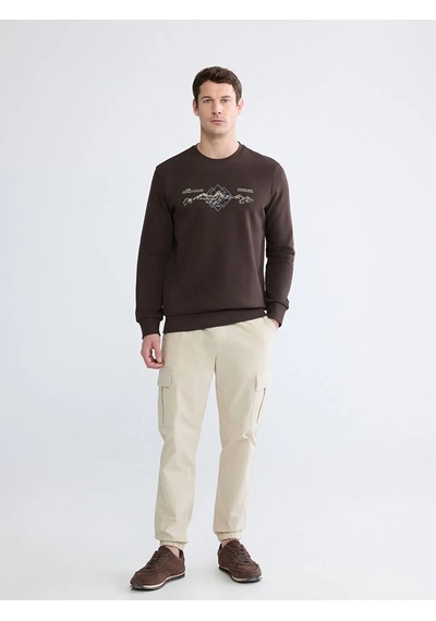 Lc Waikiki Kahverengi Bisiklet Yaka Baskılı Erkek Sweatshirt