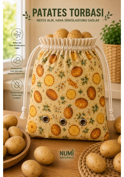 Numı Naturals Nefes Alan Patates Saklama Torbası %100 Pamuklu Büzgülü Patates Depolama Çantası 40x40 Cm Çok Renkli