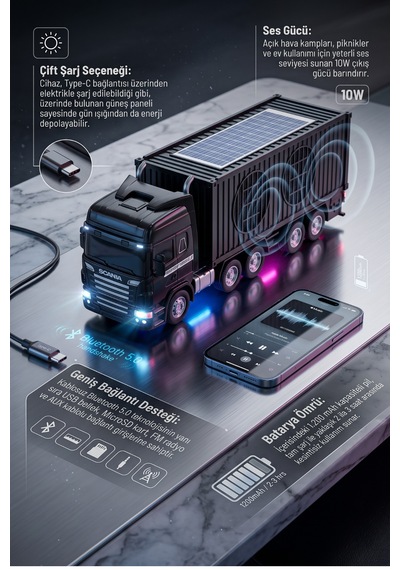 Bluetooth Hoparlör Güneş Enerjili Tır Tasarımlı Fm Usb Aux Speaker D45 Siyah
