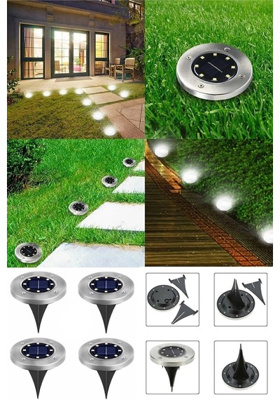2 Adet Set Solar Güneş Enerjili 8 Ledli Kazıklı Zemin Bahçe Aydınlatması Gün Işığı Set Yere Saplamal