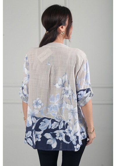 By Saygı Kadın Üç Düğme Detaylı Çiçek Desenli Tek Cepli İtalyan Cotton Oversize Bluz Bej