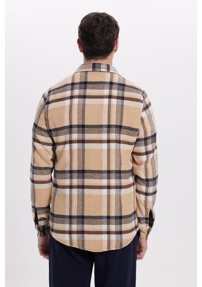 Tudors Erkek Slim Fit Dar Kesim Kareli Kışlık Oduncu Gömlek-42120 Bej