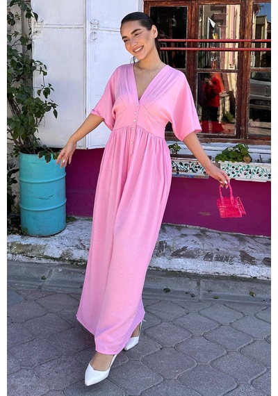 Madmext Pembe V Yaka Düğmeli Elbise Mg2339 Pembe