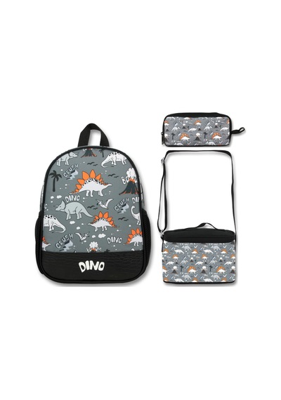 Famebag-ümit Çanta Siyah Gri Dinazor Anaokulu Çantası 3'lü Set