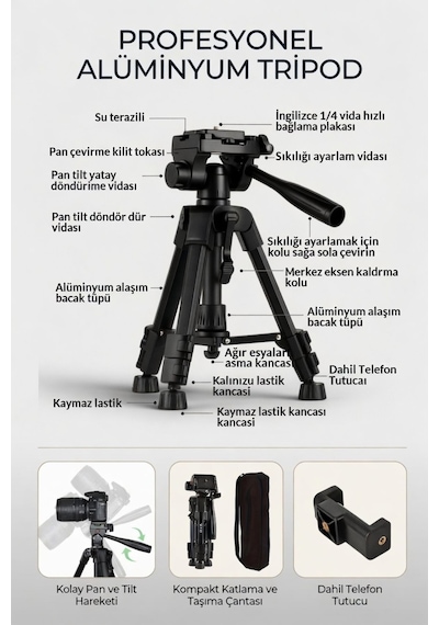 70 Cm Profesyonel Telefon Kamera Tutucu Çantalı Tripod Su Terazili 3 Ayaklı Tripod