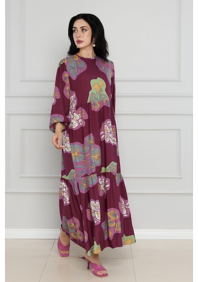Sevitli Desenli Kuşaklı Viscon Elbise-bordo-4105-bordo Bordo