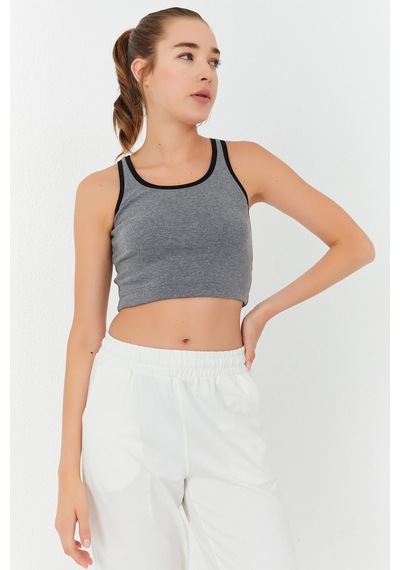 Tommy Life Gri Melanj Basic Sıfır Kol Dar Kalıp U Yaka Kadın Crop Top Atlet - 97162 Gri Melanj