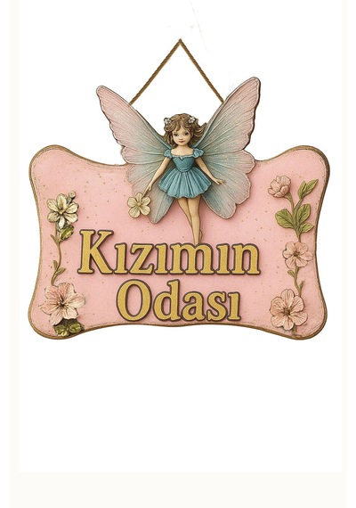 Kızımın Odası Yazılı Melek Tasarımlı Ahşap Mdf Kapı Süsü - Uv Hd Baskılı Eskitme Açık Pembe