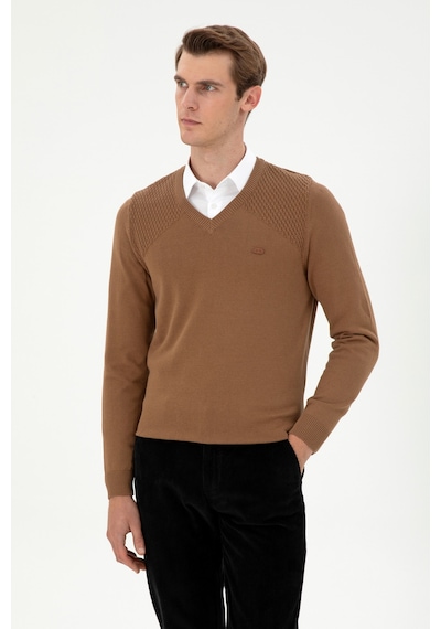 U.S. Polo Assn. Erkek Slim Fit V Yaka Haki Melanj Kazak 50297063-VR125