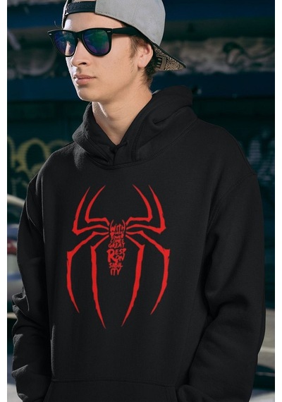 Sevbano Spider-man Logo Baskılı Unisex Oversize Örümcek Adam Hoodie Siyah