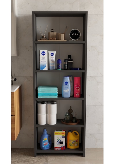Banyo Çamaşır Dolabı 5 Raflı 150 Cm Çok Amaçlı Saklama Ve Düzenleyici Raf Antrasit