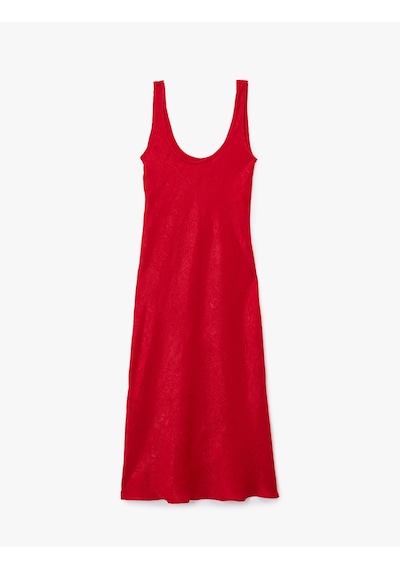 Koton Slim Fit Kolsuz U Yaka Kalın Askılı Uzun Saten Elbise Kırmızı 6wak80025uw Kırmızı