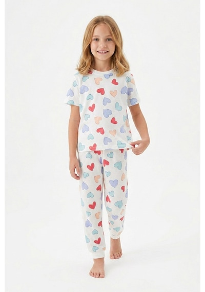 Alkın Kids 3-13 Yaş Kız Çocuk Kalp Desenli %100 Pamuklu Kısa Kollu Pijama Takımı Beyaz