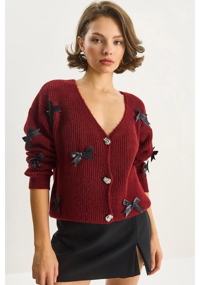 Shade Kadın Fiyonk Aksesuarlı V Yaka Oversize Düğmeli Hırka 60283642 - Bordo