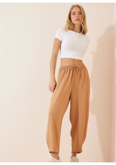 Chiklet Belden Lastikli Ayrobin Şalvar Pantolon Bisküvi Camel