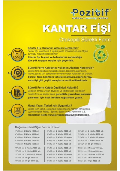 4x19 Kantar Fişi 2 Nüsha 3000 Adet , Beyaz Otokopili Sürekli Form 4''x19 Cm