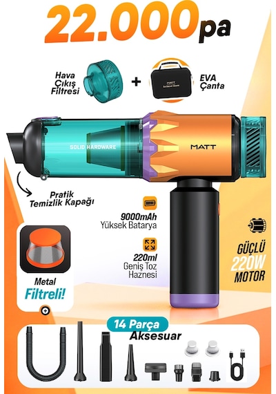 Matt Mcv22 Turuncu/mor Araç Süpürgesi - 22kpa Yüksek Vakum Gücü, 220w Fırçasız Motor