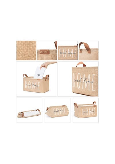 Ocean Home Textile Home Sweet Home Baskılı Dikdörtgen Jüt Sepet //30x21x18 Açık Bej