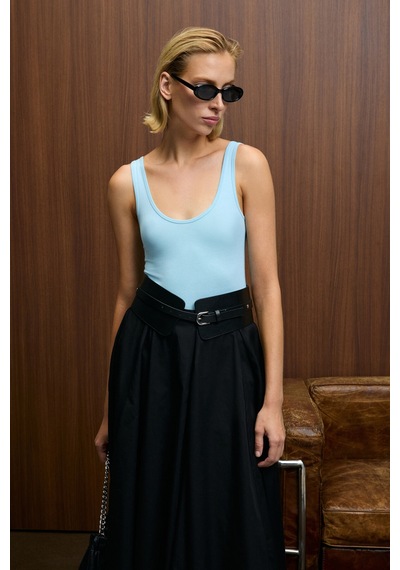 Grımelange Chıles Kadın Slim Halter Yaka Kolsuz Çıtçıtlı Mavi Bluz Mavi