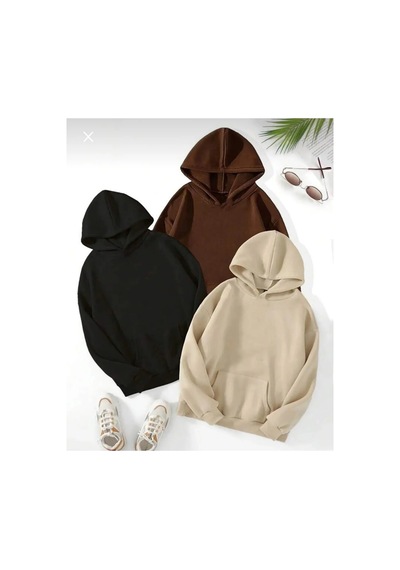 Medinenur Unisex Duz Baskısız 3 Lü Oversize Kapşonlu Sweatshirt Bejsiyahkahve