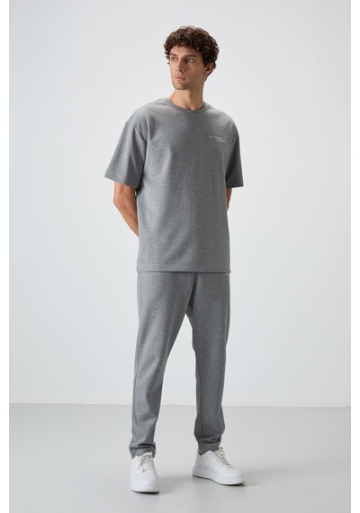 Tommy Life Gri Melanj Pamuklu Kalın Yumuşak Dokulu Oversize Fit Nakışlı Erkek Eşofman Takım - 85252 GRİ MELANJ