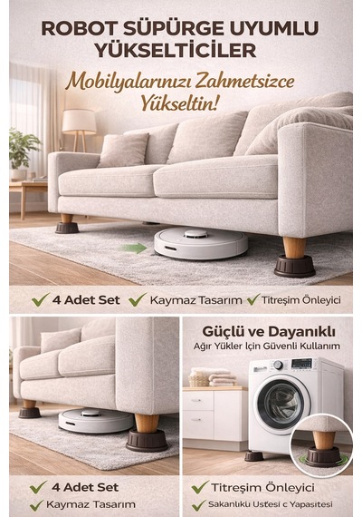 4 Adet Mobilya Ayağı Yükseltici Robot Süpürge Uyumlu Çamaşır Makinesi Titreşim Önleyici Gri