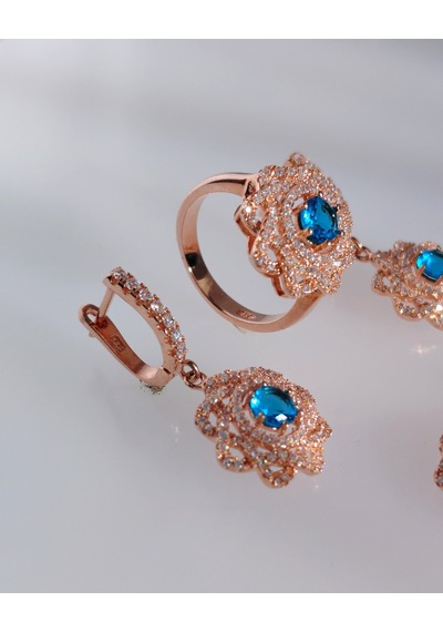 Gümüş Gold Gül Tasarım Kolye Küpe Yüzük Kadın Set No:12