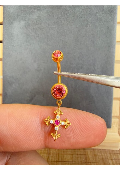 %100 316 L Cerrahi Çelik Gamalı Haç Sallantı Pembe Zirkon 10x1,6mm Altın Göbek Piercing