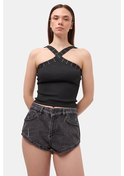 it's basic Kadın Koyu Füme 11s6-1 Süper Mini %100 Koton Denim Şort Çok Renkli