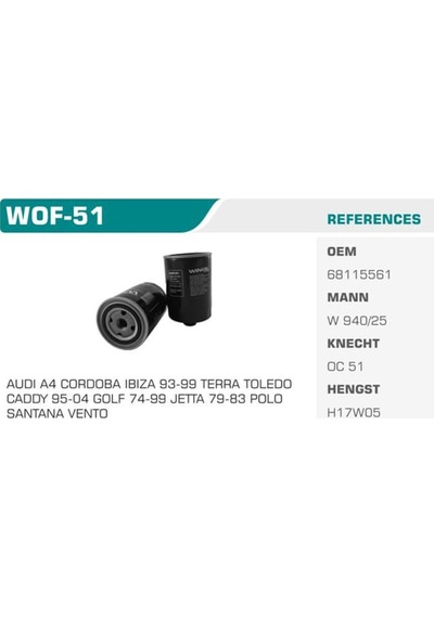 WINKEL WOF-51 Yağ Filtresi Golf III 83-99 Polo 82-96 Jetta 80-91 Passat 80-96 Caddy II 95-04 Transporter Lt35 82-96 / 100 A4
