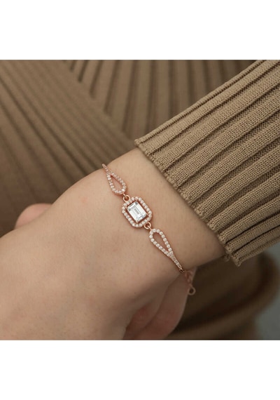 Çekirdekjewelry Nidam Butik Gümüş Rose Dikdörtgen Baget Bileklik Gümüş