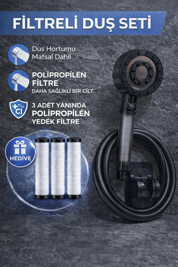 Filtreli Duş Başlığı 3 Yedek Filtre Hortum Mafsal Yüksek Basınçlı Siyah