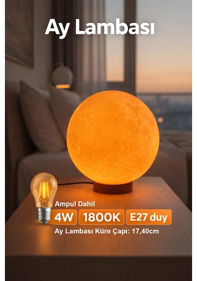 Ay Küre Masa Lambası 17.4 Cm Dekoratif Gece Lambası Gün Işığı Led Ampul Dahil