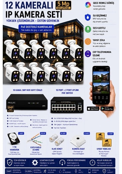 12 Kameralı 5 Mp Ip Kamera Seti Poeli Gece Renkli Ses Kayıtlı Yapay Zeka Destekli Tak-çalıştır Kuruluma Hazır Sistem