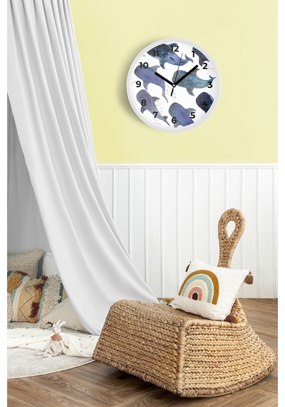 Balina Temalı Modern Duvar Saati - 30cm - Önü Camlı Beyaz Kasa - Sessiz Mekanizma Beyaz