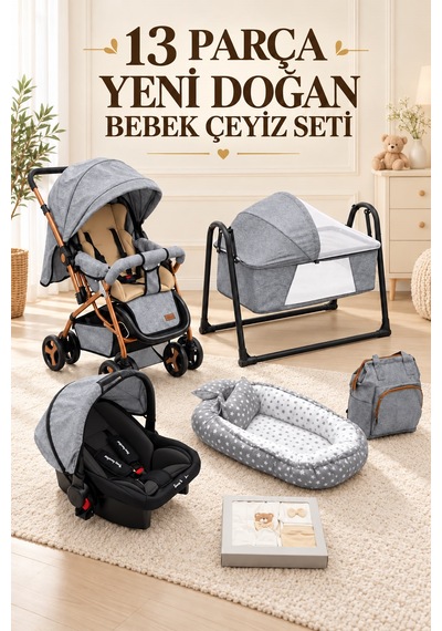 13 Parça Yeni Doğan Bebek Çeyiz Seti Full Set Bebek Arabası-puset-5'li Hastane Çıkışı-beşik-çanta-babynest-yastık-yatak-ayak Örtüsü