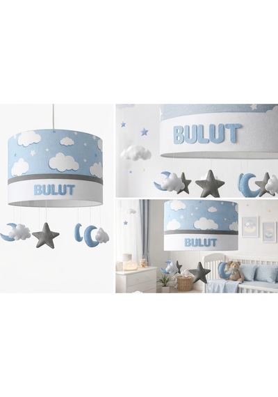 Mavi Bulutlu Bebek Odası Avizesi El Yapımı Kişiye Özel Sarkıt Aydınlatma 30x20 Cm Mavibeyaz