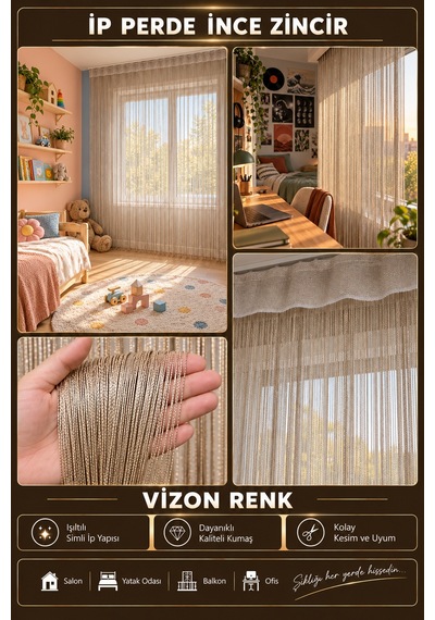 İp Perde Özel Seri İnce Zincir Vizon En 100 Cm Boy 300 Cm Korniş Veya Rustik Kullanılabilir