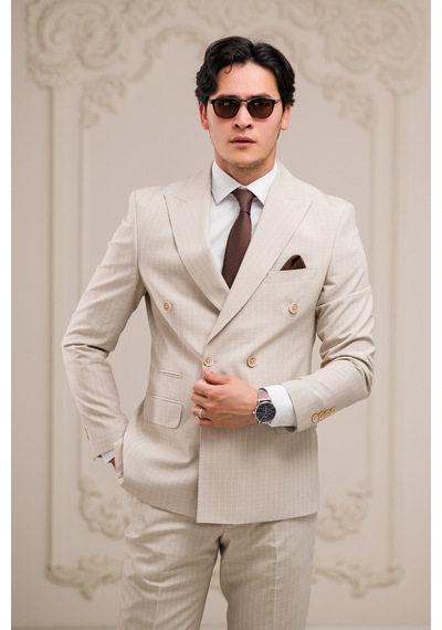 Luigi Diberti Slimfit İtalyan Yaka Astarlı 6 Drop Çift Yırtmaç Çizgili Kruvaze Takım Elbise Krem Luigi Diberti Slimfit İtalyan Yaka Astarlı 6 Drop Çift Yırtmaç Çizgili Kruvaze Takım Elbise Krem