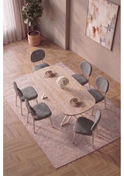 Hooli 90x168 Traverten Mdf Masa, Metal X Ayak, Metal Sandalye, 6 Kişilik Mutfak Masası Takımı Ve Yemek Masası Takımı Antrasit