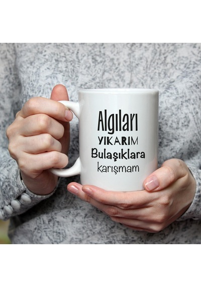 Mor Mürekkep Algıları Yıkarım Bulaşıklara Karışmam Baskılı Beyaz Kupa