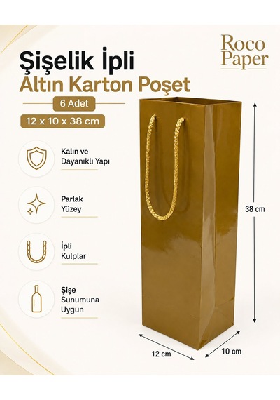 Şişelik İpli Altın Karton Poşet, 6 Adet - 12x10x38 Cm, Kalın Yapı