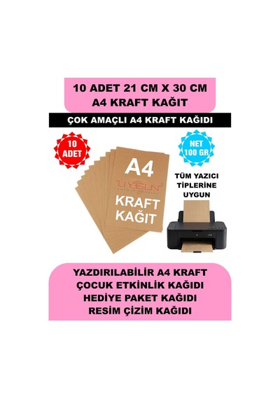 10 Adet A4 Kraft Kağıt 21x30 100 Gr. Yazıcı Uyumlu, Vintage Resim Kağıdı, Çocuk Etkinlik Kağıdı