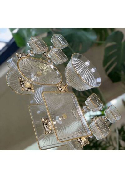 Çnr Home Collection Paşabahçe Gold Detayli Metal Ayakli Senum & Servis Seti Pasta, Magnolia, Kurabiyelik Gold