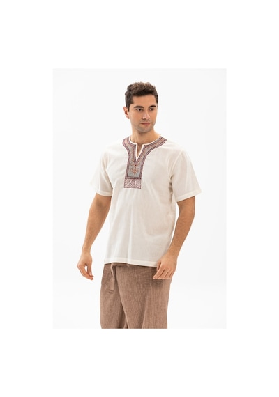 Kısa Kol Şile Bezi Bisiklet Yaka Etnik Erkek T-Shirt Krem Krm