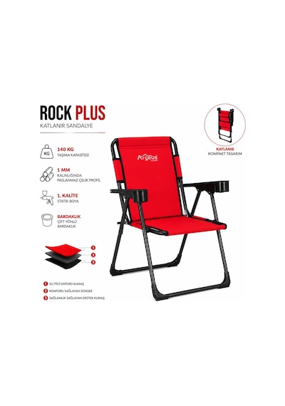 Katlanır Piknik Ve Kamp Sandalyesi - Bardaklıklı - Rock Plus - Kırmızı Çok Renkli