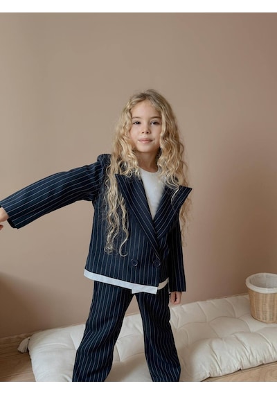 Miniko Kids Kız Çocuk Poliviskon Çizgili Blazer Ceket Pantolon Dokuma Kumaş Takım Lacivert