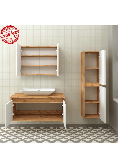 Banos Roomart Lavabolu Ahşap-Mat Beyaz 100Cm Banyo Dolabı+Aynalı Beyaz Banos Roomart Lavabolu Ahşap-Mat Beyaz 100Cm Banyo Dolabı+Aynalı Beyaz