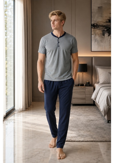 Pijamask Erkek Açık Gri Düğmeli Yaka Pamuklu Uzun Pantolonlu Pijama Takımı Lacivert Alt Rahat Ev Giyim Gri Pijamask Erkek Açık Gri Düğmeli Yaka Pamuklu Uzun Pantolonlu Pijama Takımı Lacivert Alt Rahat Ev Giyim Gri